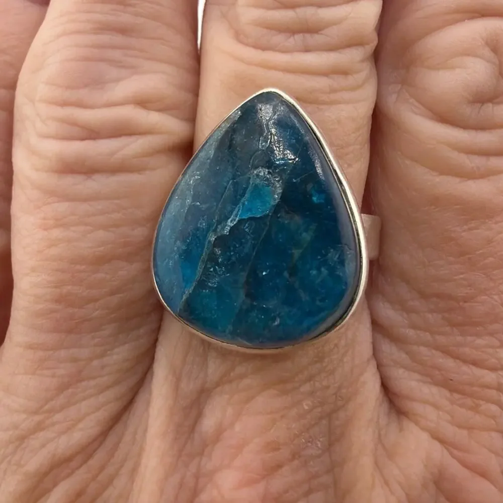 Pear Shaped Blue Apatite Sterling Silver Ring Artisan Jewelry 8.5